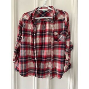 C & C California red pink white and navy light paid button down shirt S